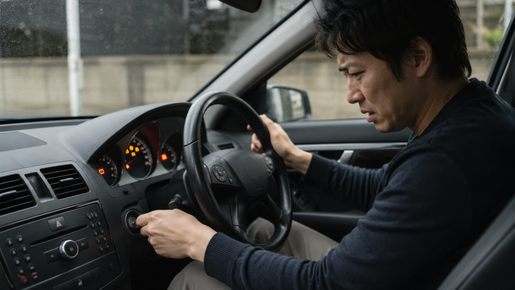 ベンツCクラス風の車内で警告灯を確認しながら、ステアリングロック故障や始動不良に不安を感じる男性