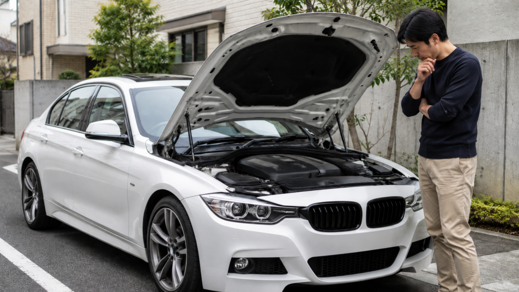 ボンネットを開けたBMW3シリーズ風の中古セダンを前に、エンジン故障を心配する日本人男性