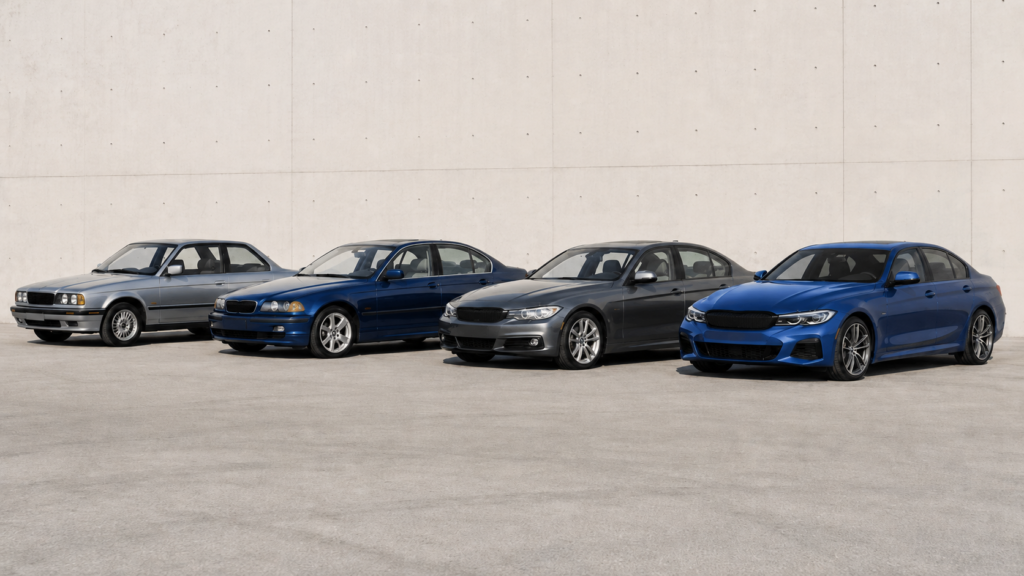 BMW3シリーズ風セダンの世代ごとのデザインと故障傾向の違いを比較する4台の車