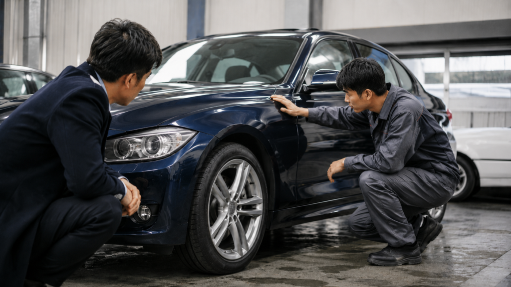中古BMW3シリーズ風セダンの足回りや外装を購入前に確認する日本人整備士と購入検討者
