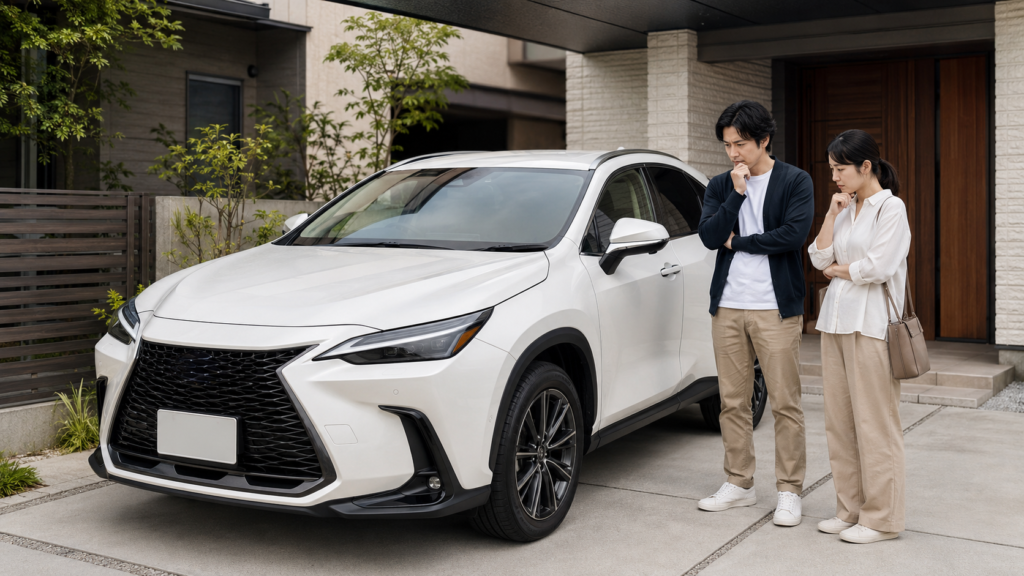レクサスNXのグレードや中古車状態をショールームで比較する日本人夫婦
