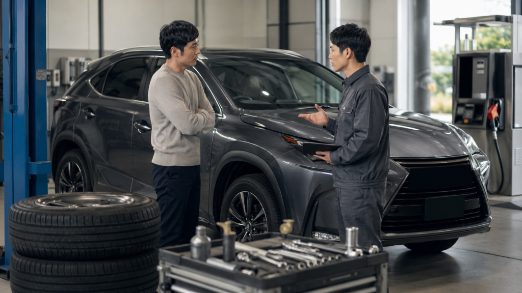 狭い駐車場でレクサスNXのサイズ感に注意しながら駐車する女性