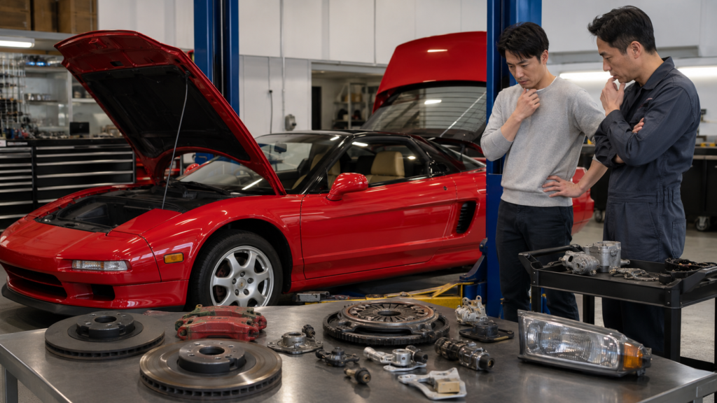 整備工場でNSXの純正部品やブレーキ部品を前に、部品代の高さを確認するオーナーと整備士