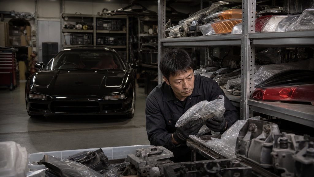 NSXの希少な補修部品を保管棚から探し、入手困難な部品を確認する日本人整備士
