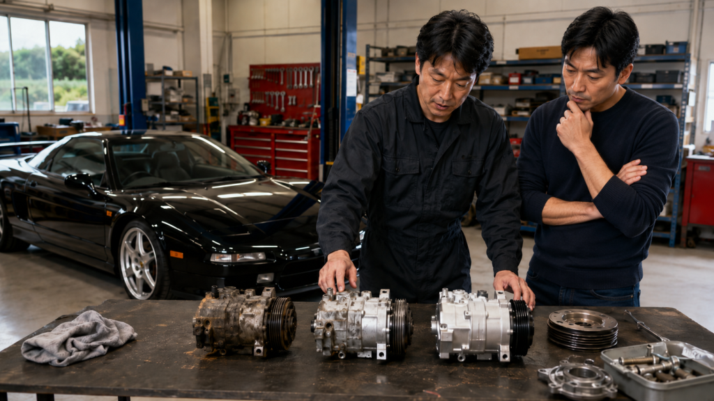 NSXの中古部品やリビルト部品、新品部品を比較しながら修理方法を検討する整備士とオーナー