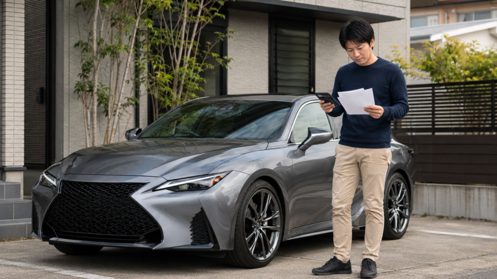 レクサスISの維持費を確認する男性が自宅前で費用書類と電卓を見ながら年間コストを考えている様子