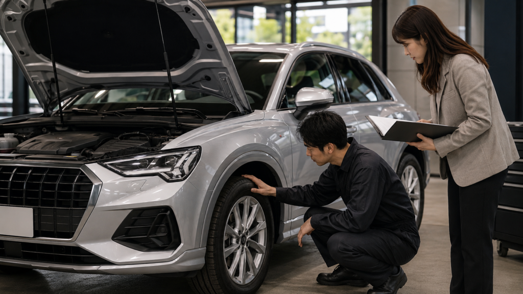日本人スタッフがアウディQ3風SUVの足回りやエンジン状態を点検する中古車査定の画像
