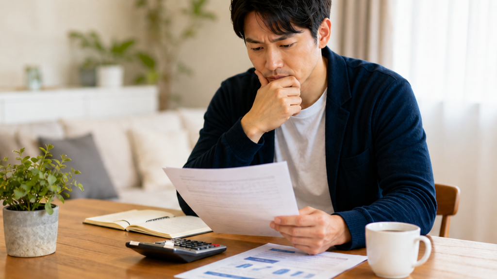レクサス残クレの見積書と総支払額を確認する男性