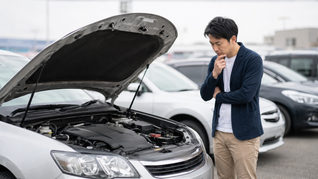 中古車のボンネットを開けて故障リスクや保証の必要性を確認する日本人男性