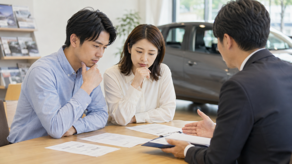 中古車販売店で保証内容や契約条件を確認する日本人夫婦と営業担当者