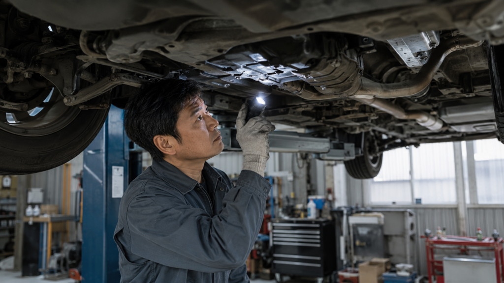 中古車の下回りを点検し高額修理につながる故障リスクを確認する日本人整備士