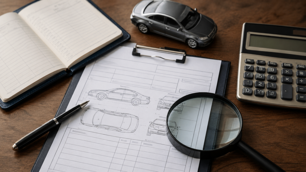中古車の保証内容やメーカー保証継承を購入前に確認するための書類と車両イメージ