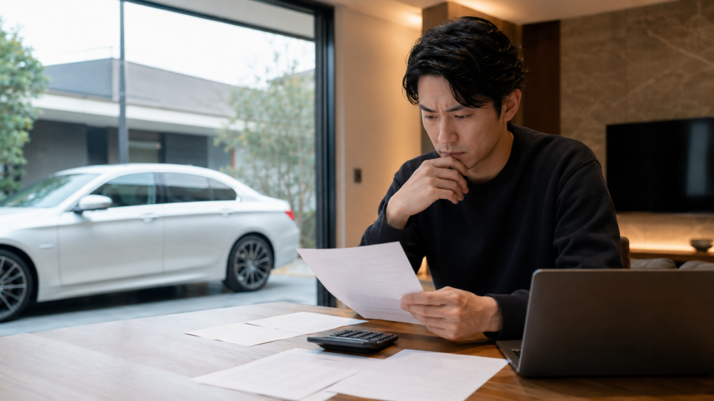 ベンツカーリースの総支払額や契約条件を確認しながら、自宅で費用負担を検討する日本人男性のイメージ