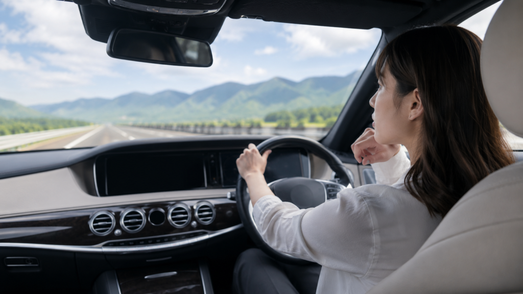 ベンツで長距離ドライブをしながら、カーリースの走行距離制限との相性を考える日本人女性のイメージ
