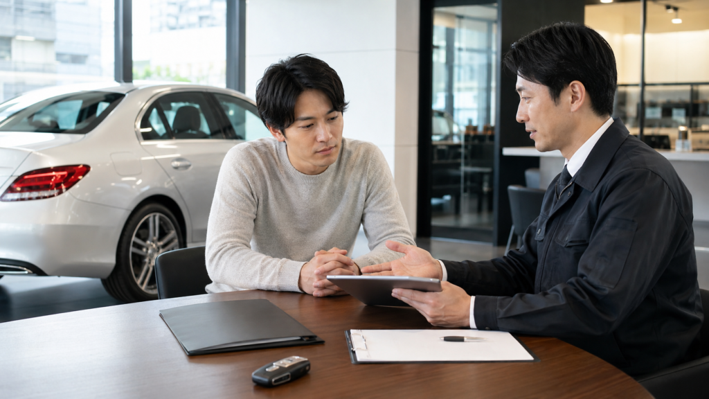 ベンツカーリースの保険やメンテナンス内容について、販売担当者から説明を受けながら契約条件を確認する日本人男性のイメージ