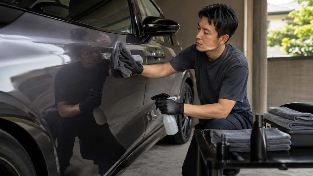 日本人男性がスプレーとクロスで黒い車にシラザン50をDIY施工している様子
