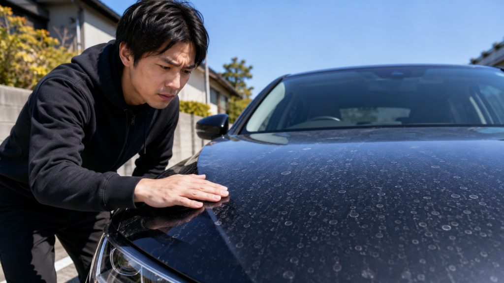 屋外で黒い車のボンネットに付いた雨ジミや水垢を確認する日本人男性