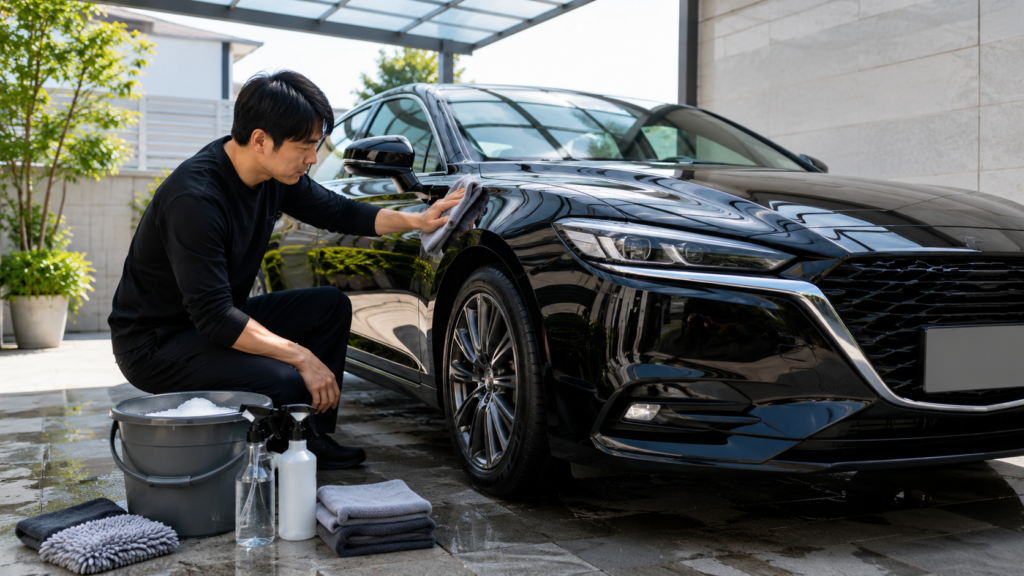日本人男性が黒い車を丁寧に洗車し、コーティング後の艶を維持している様子