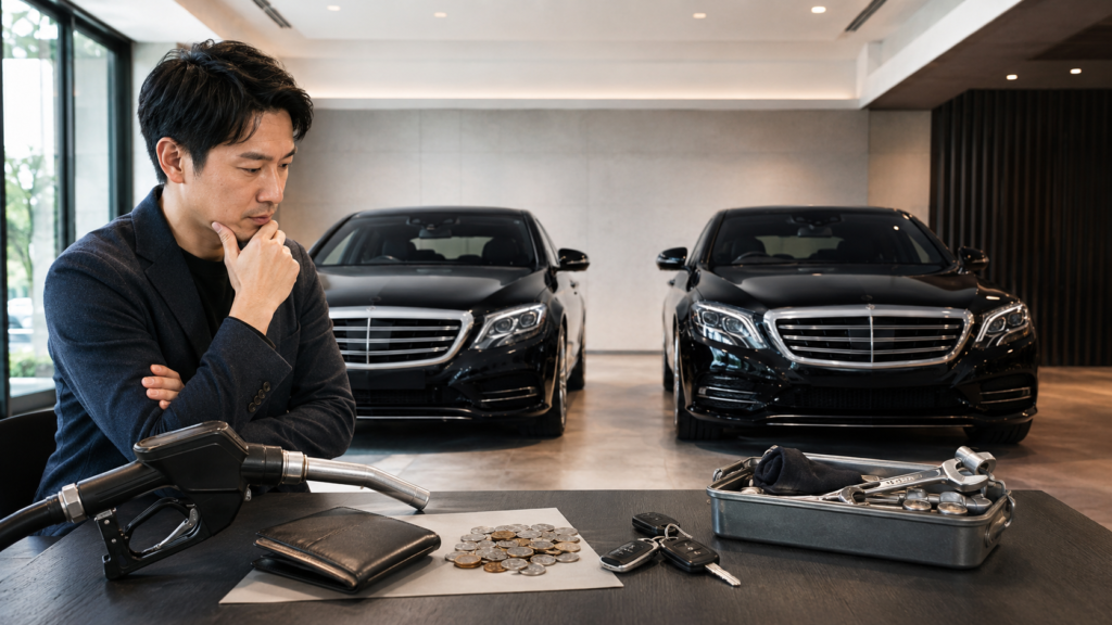 ベンツSクラス10年落ちのS300hとS550の維持費や燃料費を比較する日本人男性