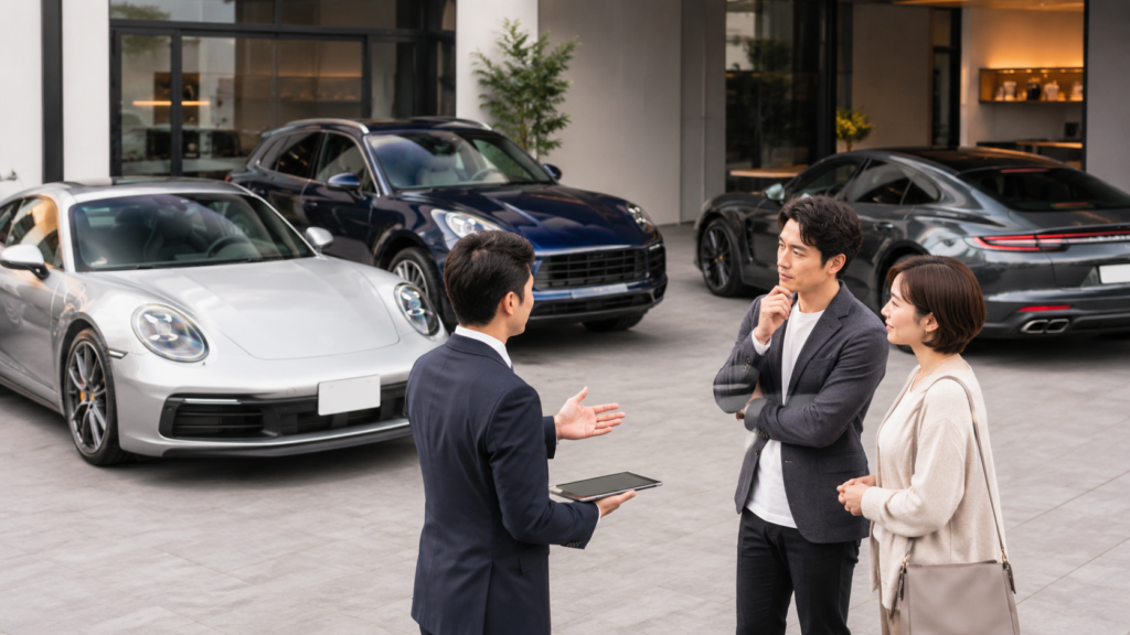 複数の中古ポルシェ風車両を販売店で比較しながら説明を受ける日本人夫婦