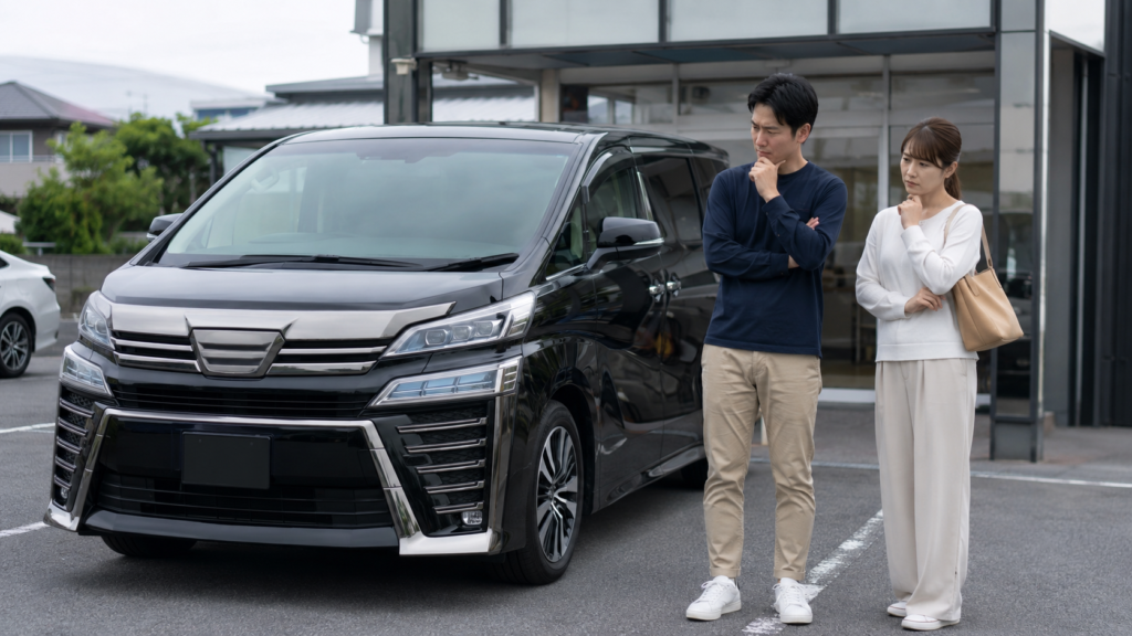 黒いアルファード風ミニバンを前に購入を迷う日本人夫婦。周囲からの見られ方や恥ずかしい印象への不安を表現