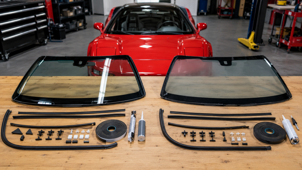 NSXの純正ガラスと社外ガラスを比較するために並べられた交換部品一式