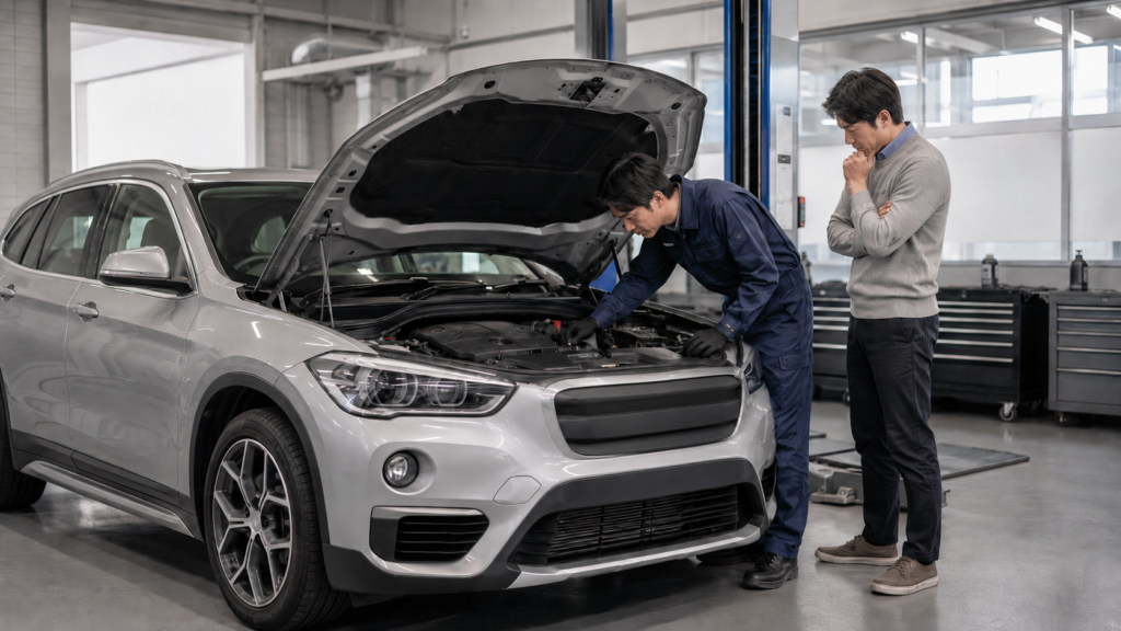 BMW X1ディーゼルの故障原因を確認するため、整備工場でエンジンルームを点検する様子