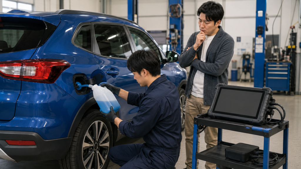 BMW X1ディーゼルのAdBlue警告に対応するため、整備工場で尿素水を補充している様子