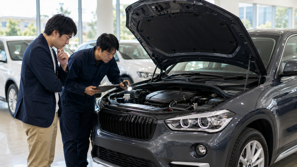 中古BMW X1ディーゼルを購入する前に、整備士と一緒にエンジンルームを確認する様子