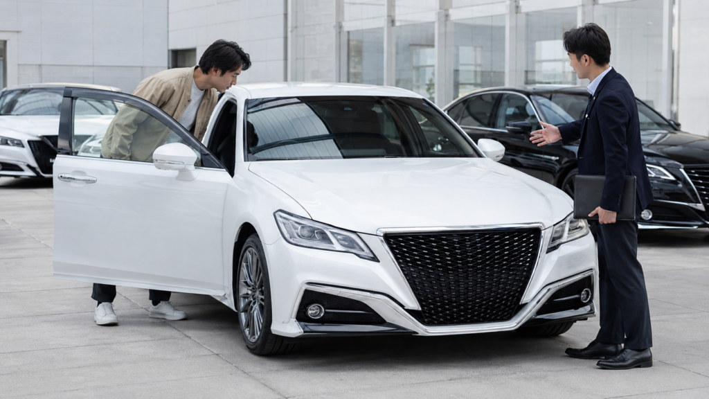 中古車販売店で220系クラウン風の白い高級セダンを確認する購入者と販売員を写し、前期後期選びの確認ポイントを表現した画像